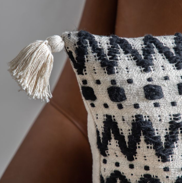 Close Up Black White Tassel Cushion Aztec