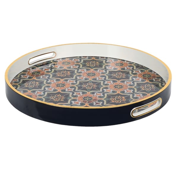 Moroccan Elegance Round Serving Tray – Navy & Rose Gold