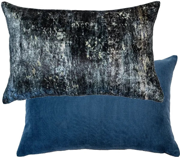 Rectangular Cushion in Velvet Blue Distressed  Front and Back on white background