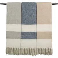 Striped Mohair Faux Throw Taupe Blue and Grey on a  hanging rail