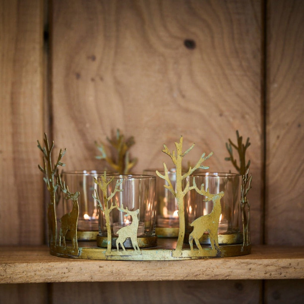 Christmas Stag Deer Lantern Candle Holder on a wooden shelf